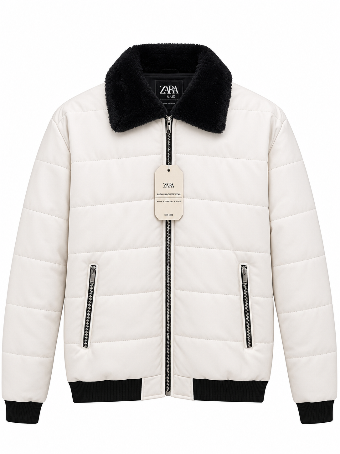 ZARA Premium Outerwear Men's Off-White Puffer Jacket with Black Faux-Fur Collar