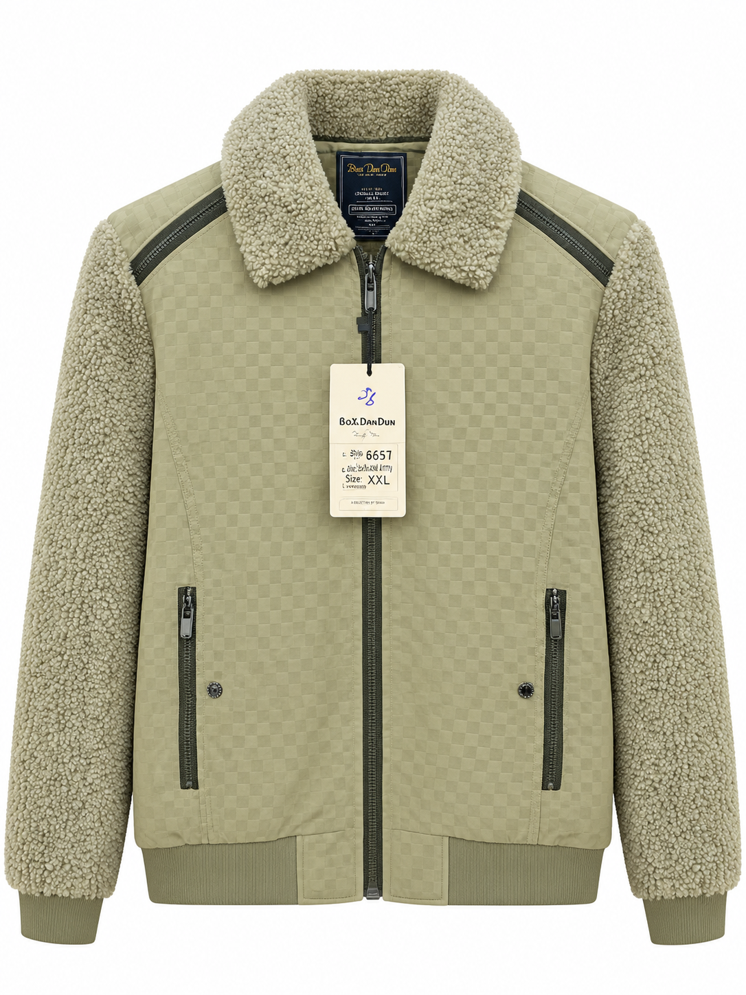 Box.DanDun Men's Sherpa-Collared Checker-Quilted Bomber Jacket – Olive Green
